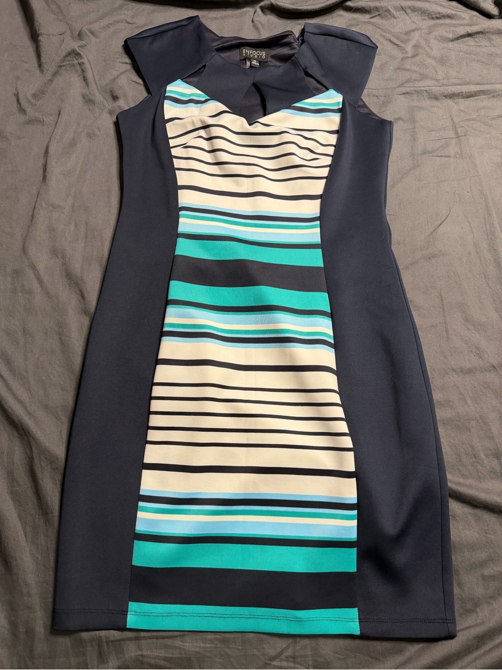 Enfocus Studio Navy Midi Dress with Teal, Aqua & Cream Stripes